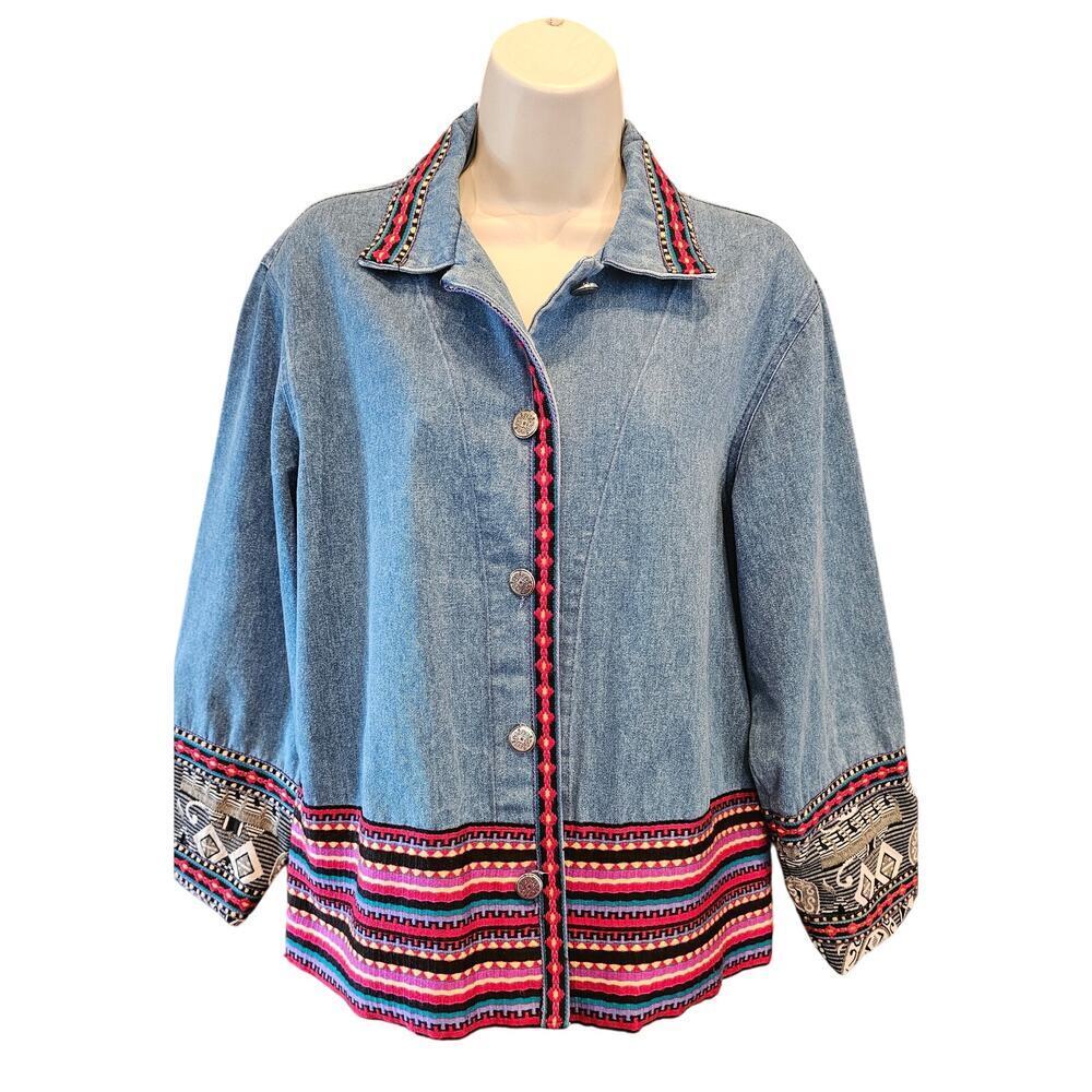 Made in USA denim button up embroidered Aztec trim shaket jacket M EUC #